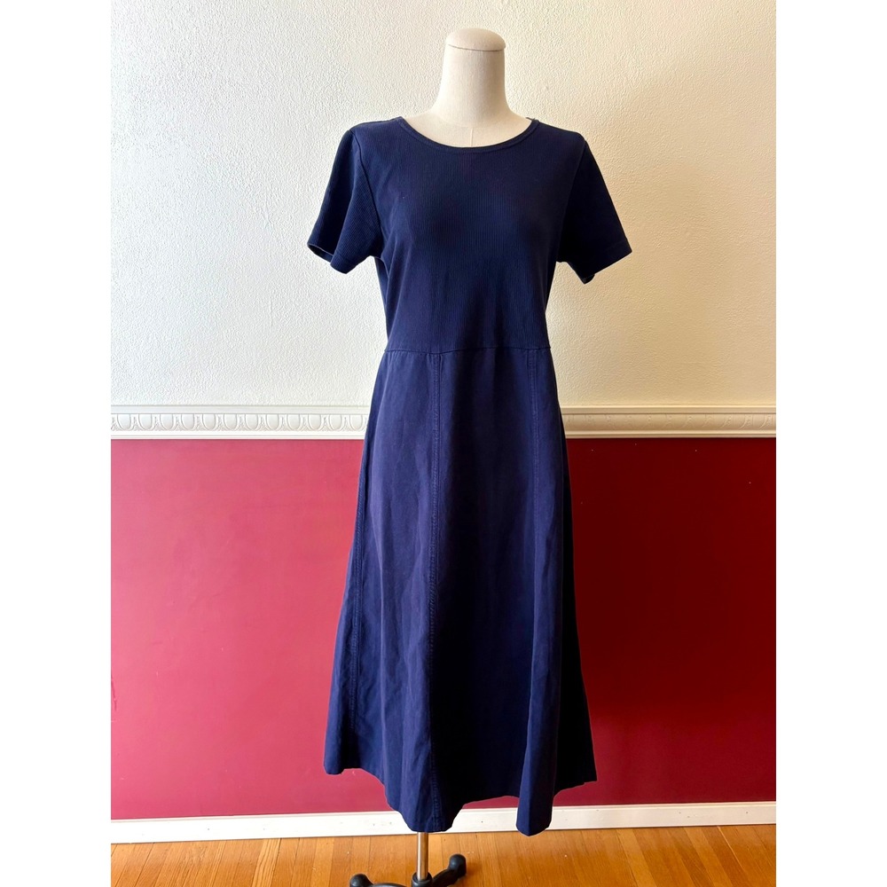 Vintage Xcit Tie Back Midi Dress Navy Blue Ribbed Bodice M Neutral Cottage Y2K - Picture 2 of 9